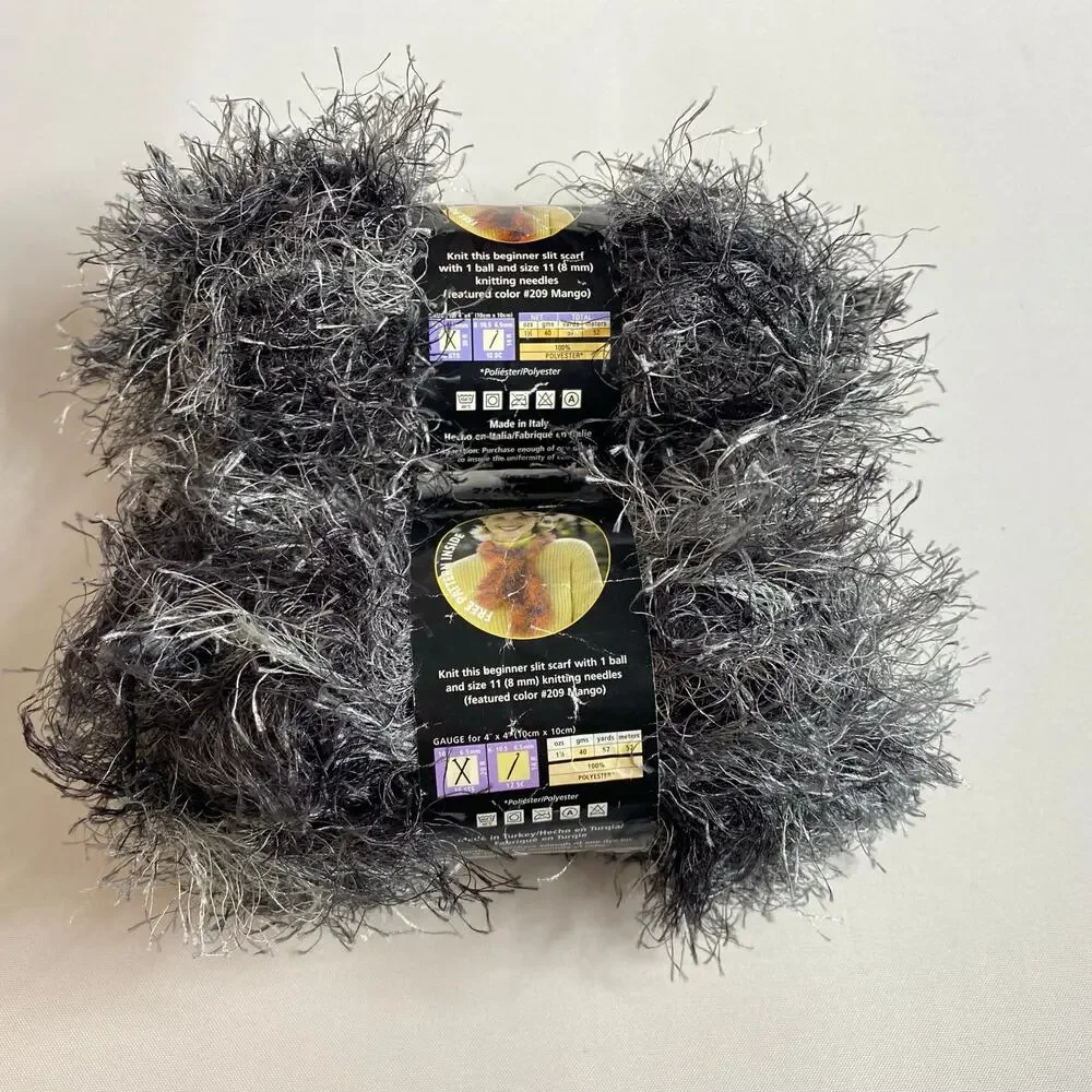 Lot Of 2 Lion Brand Fun Fur Prints Eyelash Yarn #204 Lava Black White Gray NWT